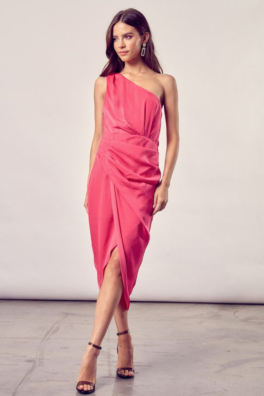 One Shoulder Paradise Pink Wrap Midi Dress