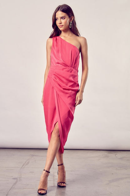 One Shoulder Paradise Pink Wrap Midi Dress