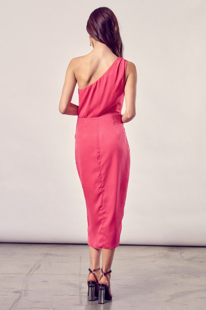 One Shoulder Paradise Pink Wrap Midi Dress