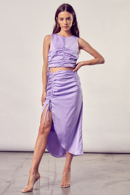 Classic One Side Gathered Midi Skirt With Tall Slit - steven wick