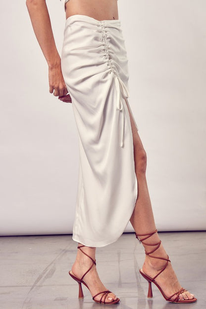 Classic One Side Gathered Midi Skirt With Tall Slit