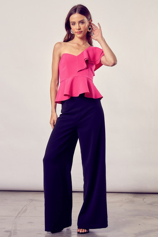 Hot Pink One Shoulder Ruffle Peplum Top - steven wick