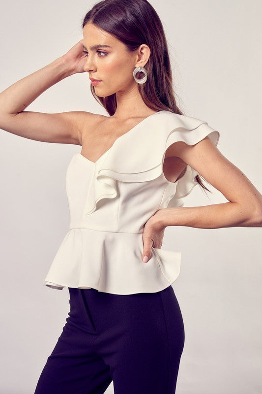 White One Shoulder Ruffle Peplum Top - steven wick