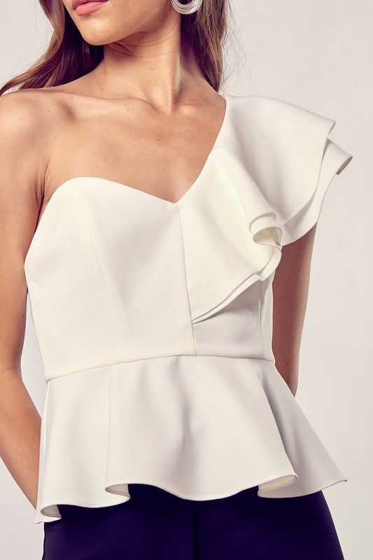 White One Shoulder Ruffle Peplum Top - steven wick