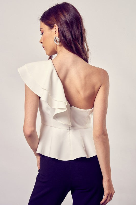 White One Shoulder Ruffle Peplum Top - steven wick