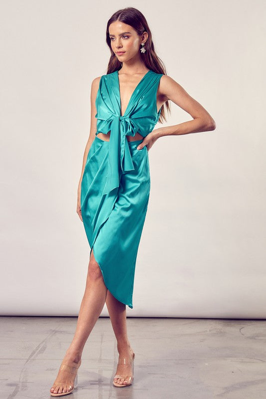 Front Tie Up And Slit Midi Wrap Dress