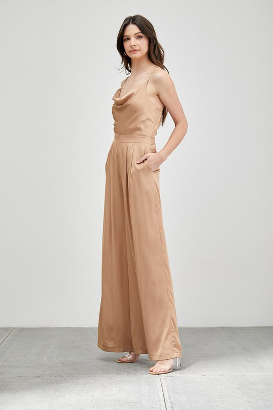 Taupe Cowl Neck Trim Detail Jumpsuit - steven wick