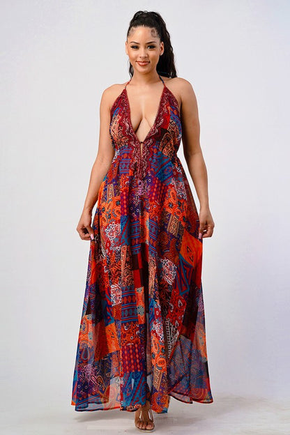 Bohemian Print Sequin Lace Trim Maxi Dress - steven wick