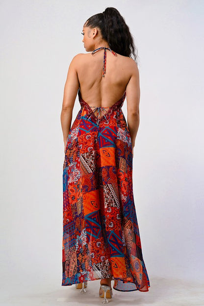 Bohemian Print Sequin Lace Trim Maxi Dress - steven wick