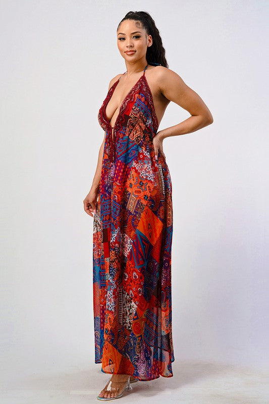 Bohemian Print Sequin Lace Trim Maxi Dress - steven wick