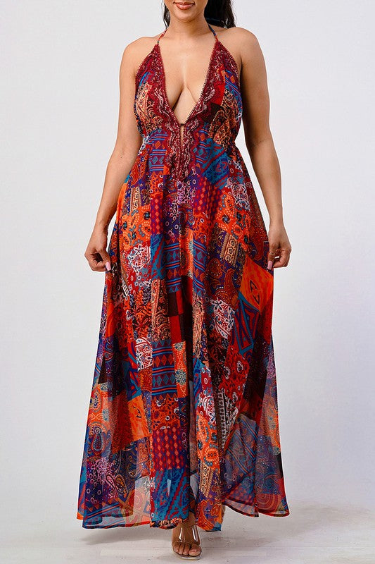 Bohemian Print Sequin Lace Trim Maxi Dress - steven wick