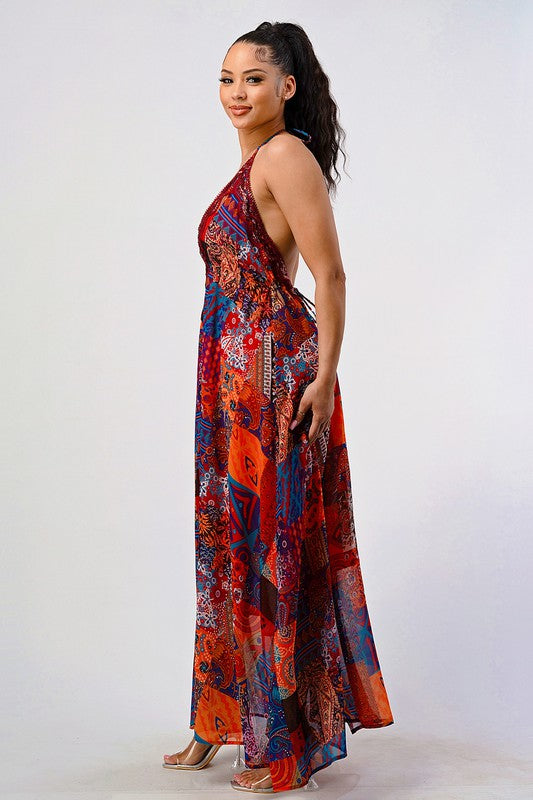 Bohemian Print Sequin Lace Trim Maxi Dress - steven wick