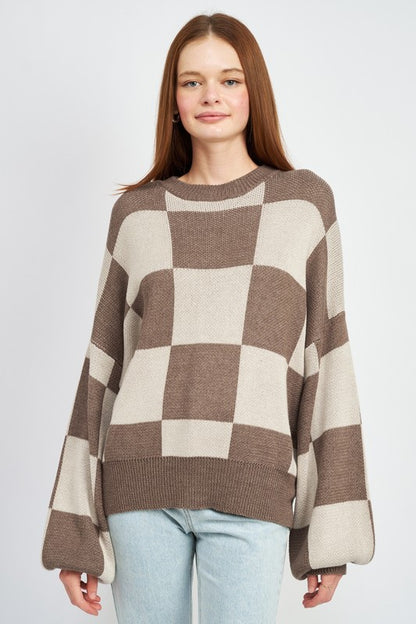 Checkerboard Sweater With Bubble Sleeves