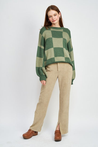 Checkerboard Sweater With Bubble Sleeves