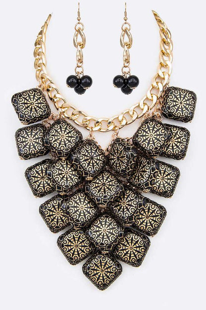 Textured Wooden Beads Statement Necklace Set - steven wick