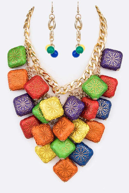 Textured Wooden Beads Statement Necklace Set - steven wick