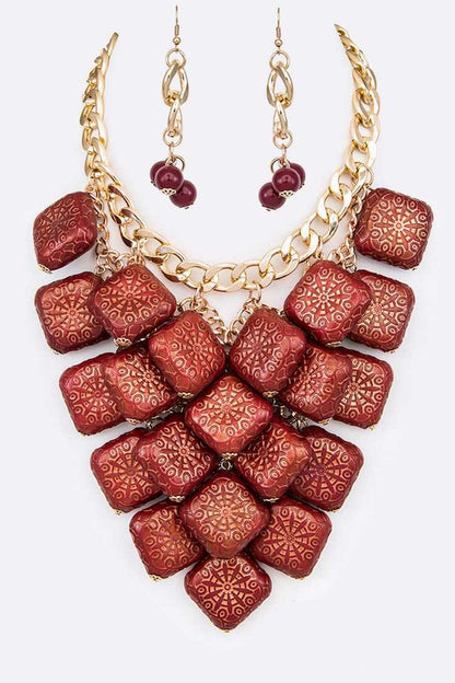 Textured Wooden Beads Statement Necklace Set - steven wick