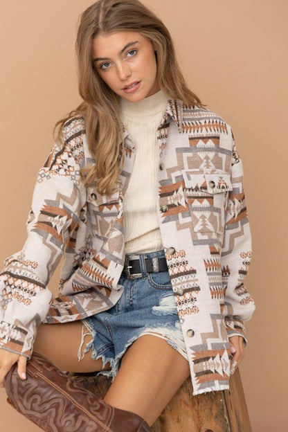 Long-sleeved Frayed Aztec Western Shacket - steven wick