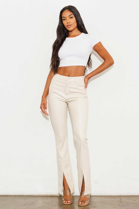Cream White Bootcut Vegan Leather Pants With Front Slit - steven wick