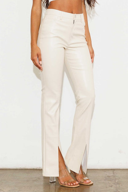 Cream White Bootcut Vegan Leather Pants With Front Slit
