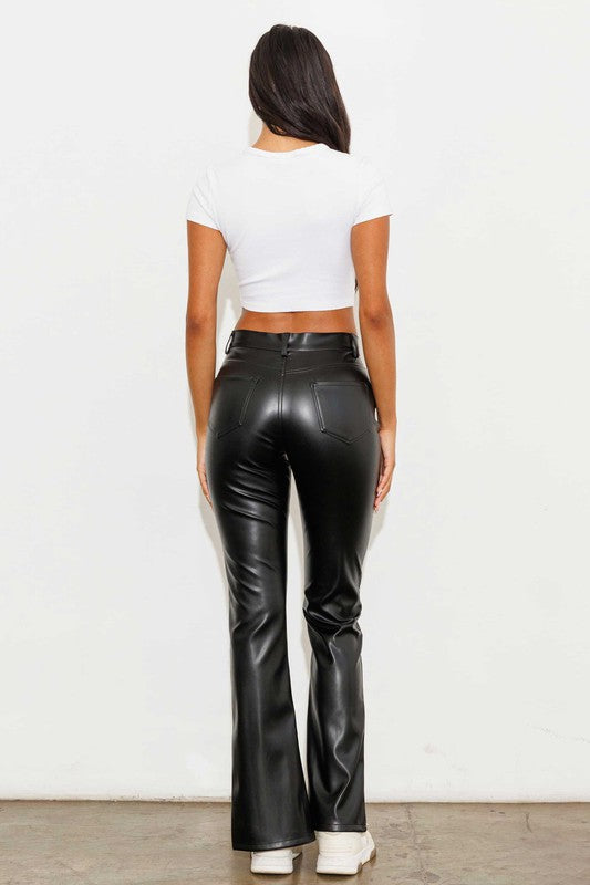 Black Bootcut Vegan Leather Pants With Front Slit - steven wick