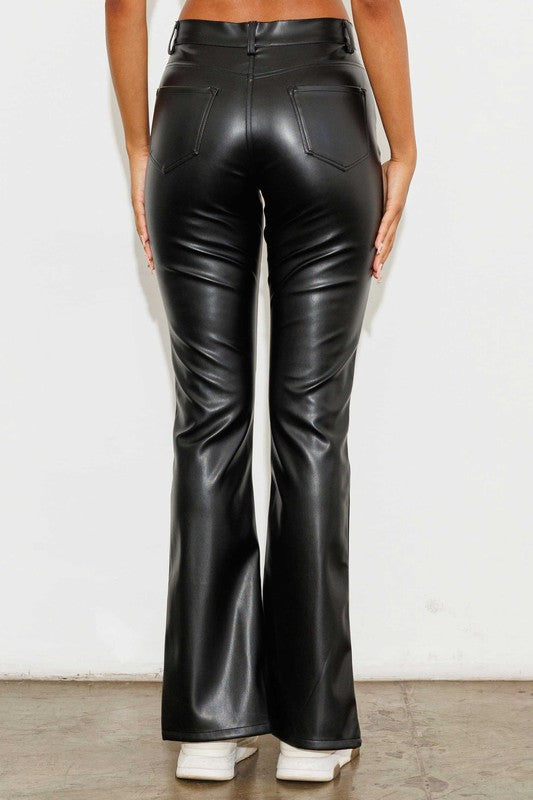 Black Bootcut Vegan Leather Pants With Front Slit - steven wick