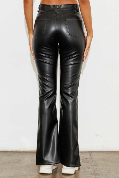 Black Bootcut Vegan Leather Pants With Front Slit