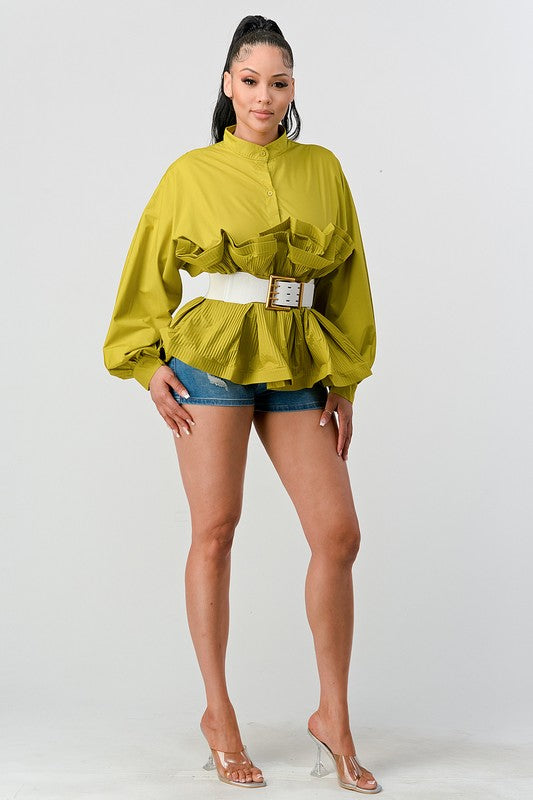 Lime Pleated Ruffle Belted Waist Blouse - steven wick