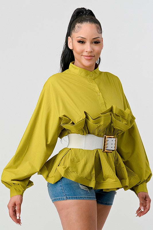 Athina Pleated Ruffle Belted Waist Blouse - steven wick