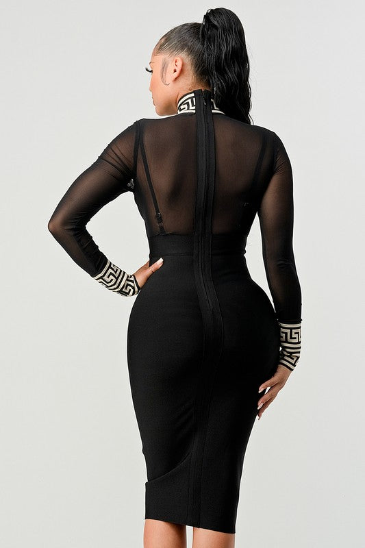 Long-Sleeved Mock Neck Partial Mesh Greek Key Black Bandage Dress - steven wick