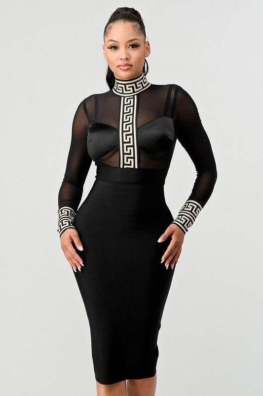 Long-Sleeved Mock Neck Partial Mesh Greek Key Black Bandage Dress - steven wick