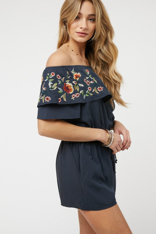 Floral Embroidered Ruffle Off-Shoulder Romper - steven wick