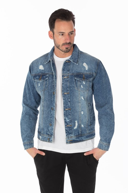 Medium Wash Men's Denim Jacket with Distressed - steven wick