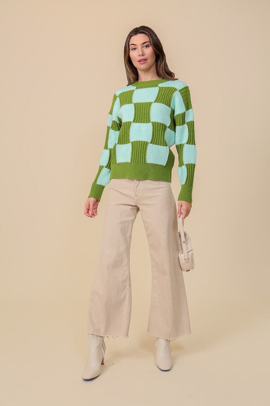 Oversized Contrast Checkerboard Sweater Top - steven wick