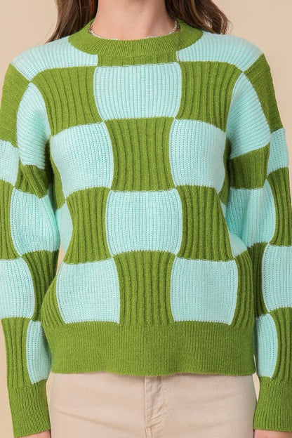 Oversized Contrast Checkerboard Sweater Top