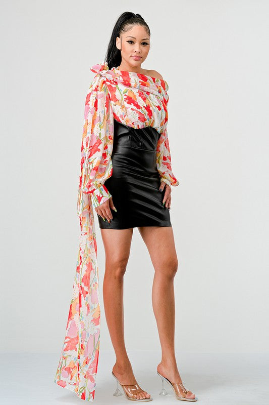 Off-Shoulder Floral Leather Mini Dress - steven wick