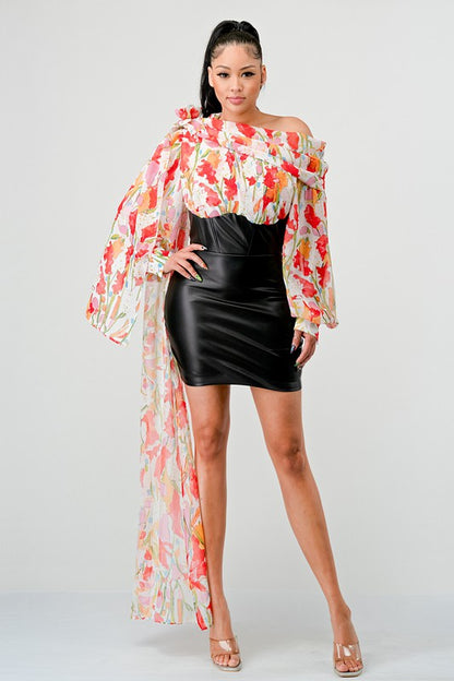 Off-Shoulder Floral Leather Mini Dress - steven wick