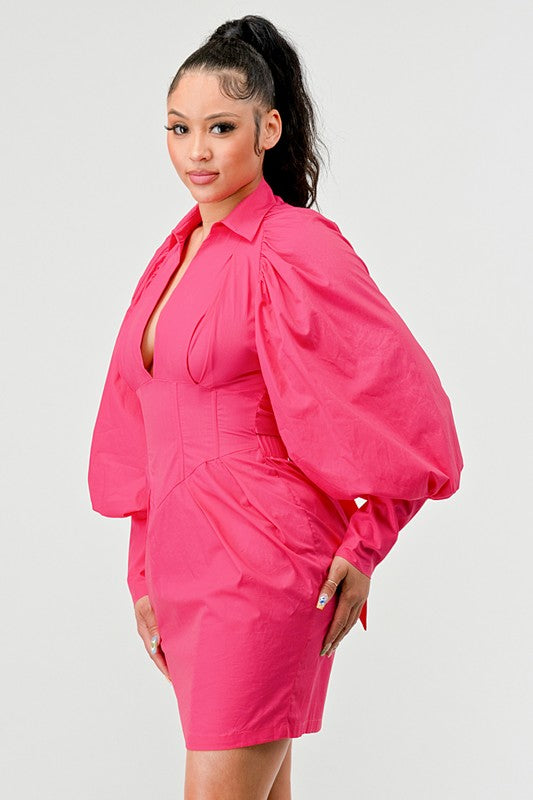 Rose Pink Puffy Balloon Sleeved Hemmed Dress - steven wick