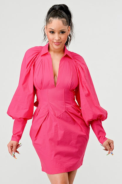 Rose Pink Puffy Balloon Sleeved Hemmed Dress - steven wick