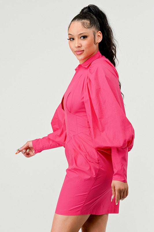 Rose Pink Puffy Balloon Sleeved Hemmed Dress - steven wick
