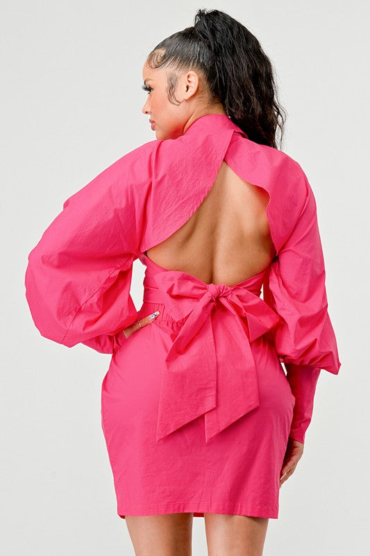 Rose Pink Puffy Balloon Sleeved Hemmed Dress - steven wick