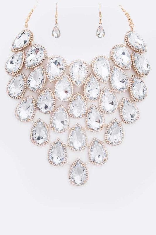 Crystal Teardrop Statement Bib Necklace Set - steven wick