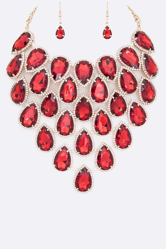 Crystal Teardrop Statement Bib Necklace Set - steven wick
