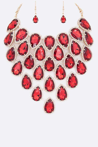Crystal Teardrop Statement Bib Necklace Set - steven wick