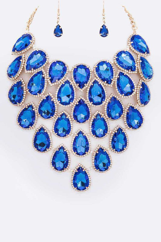 Crystal Teardrop Statement Bib Necklace Set - steven wick