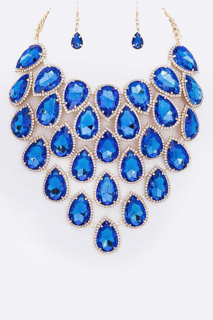 Crystal Teardrop Statement Bib Necklace Set - steven wick