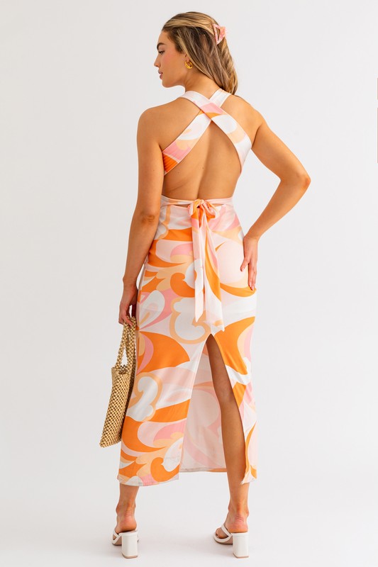 White-Orange Casual Sleeveless Midi Dress - steven wick