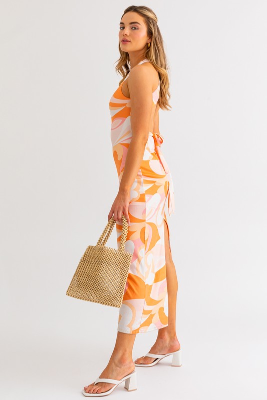 White-Orange Casual Sleeveless Midi Dress - steven wick