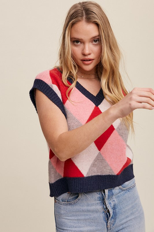 Sleeveless Argyle Cropped Sweater Vest - steven wick