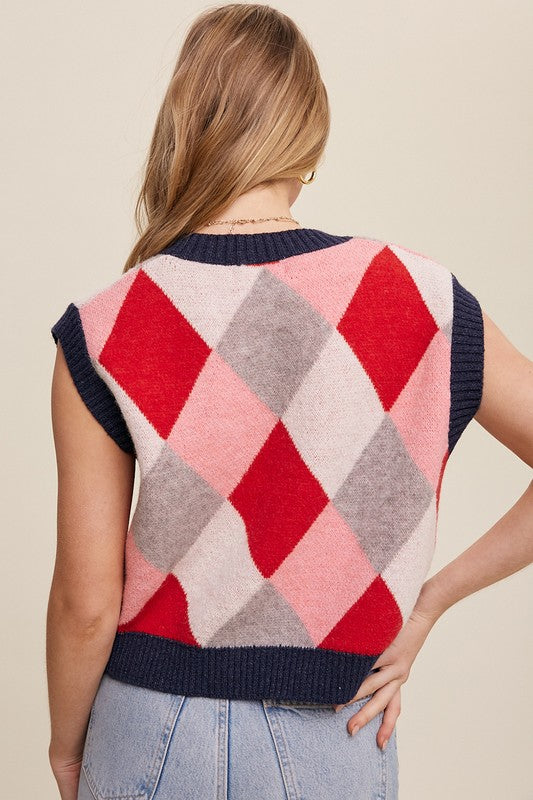 Sleeveless Argyle Cropped Sweater Vest - steven wick